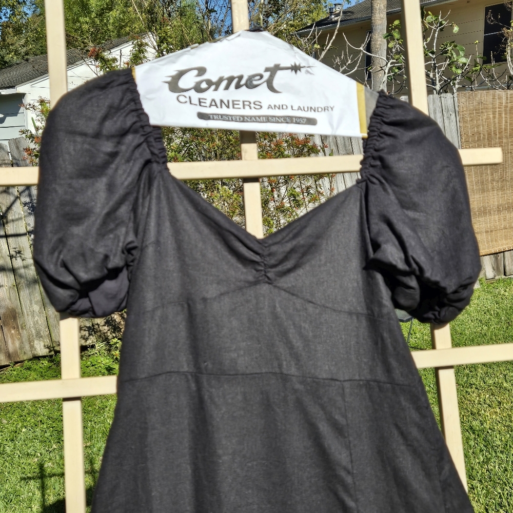 Zara NWT black Linen midi dress Puff Sleeves Open Back L - Picture 4 of 12